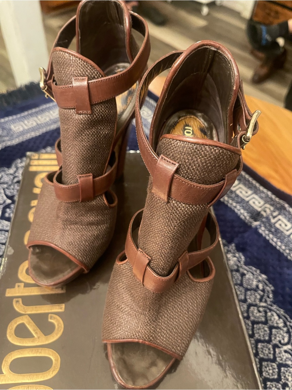 Roberto Cavalli Brown Textured Open-Toe High-Heel Sandals